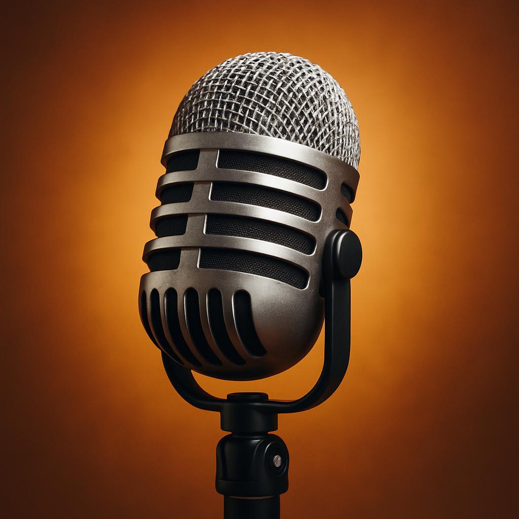 A black and silver microphone against a brown background.